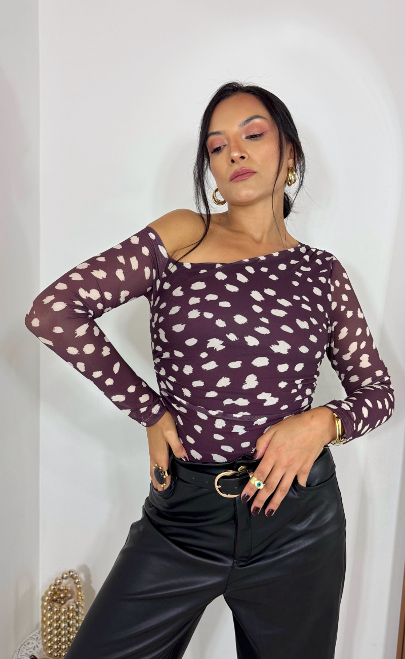 Body Asimétrico Bambi Print en Blonda Licrada – Talla Única