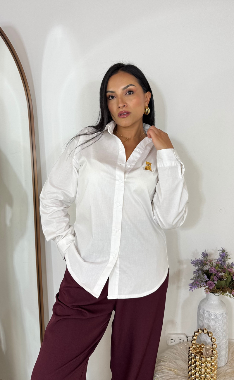 Camisa Manga Larga Popelina con Osito – Blanca