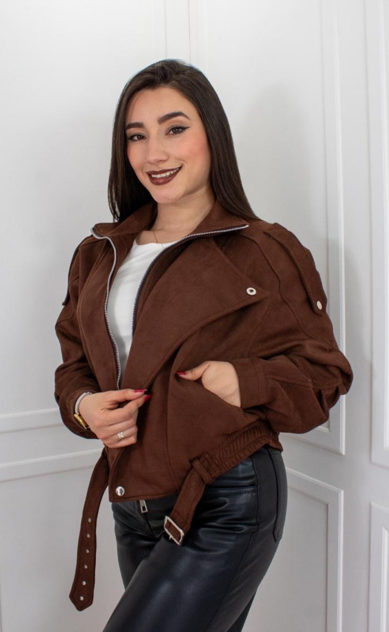 Chaqueta en Gamuza con Forro y Cremallera Metalizada