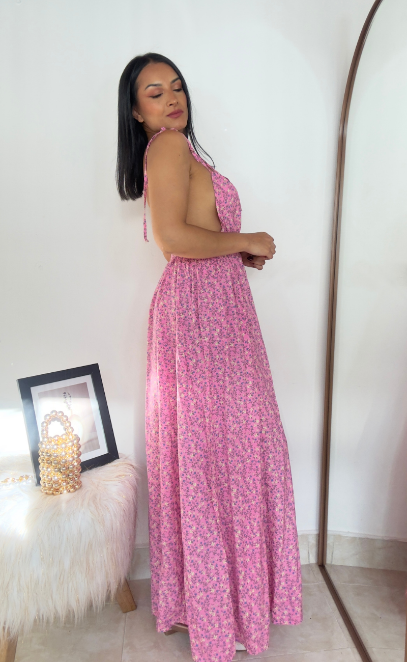 Maxi vestido floral en challis vaporoso – Rosado
