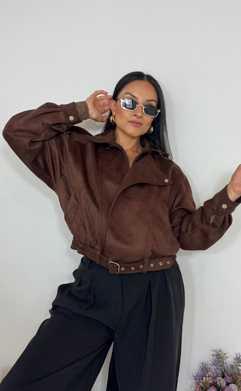 Chaqueta en Gamuza con Forro y Cremallera Metalizada