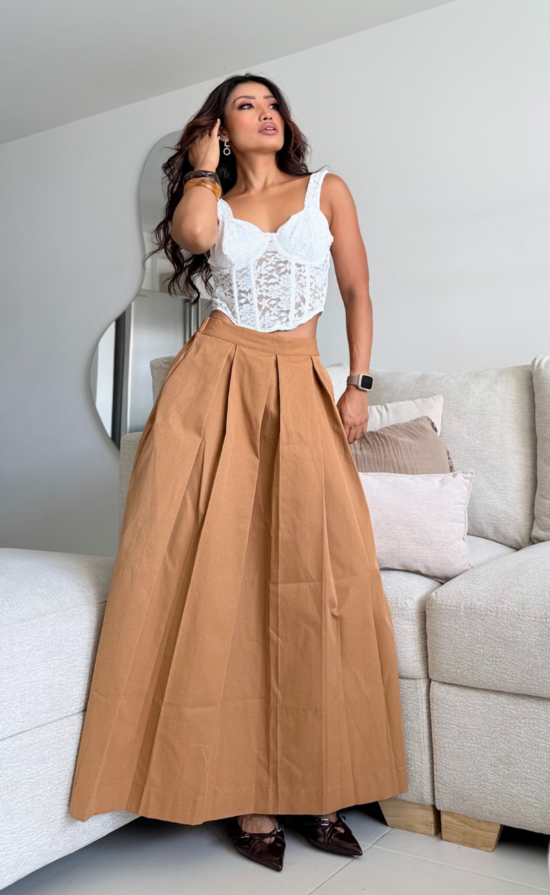 Falda larga en dril pretina resortada – mostaza