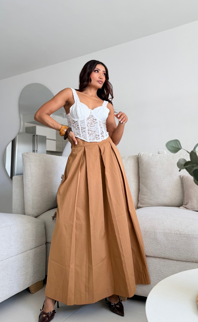 Falda larga en dril pretina resortada – mostaza