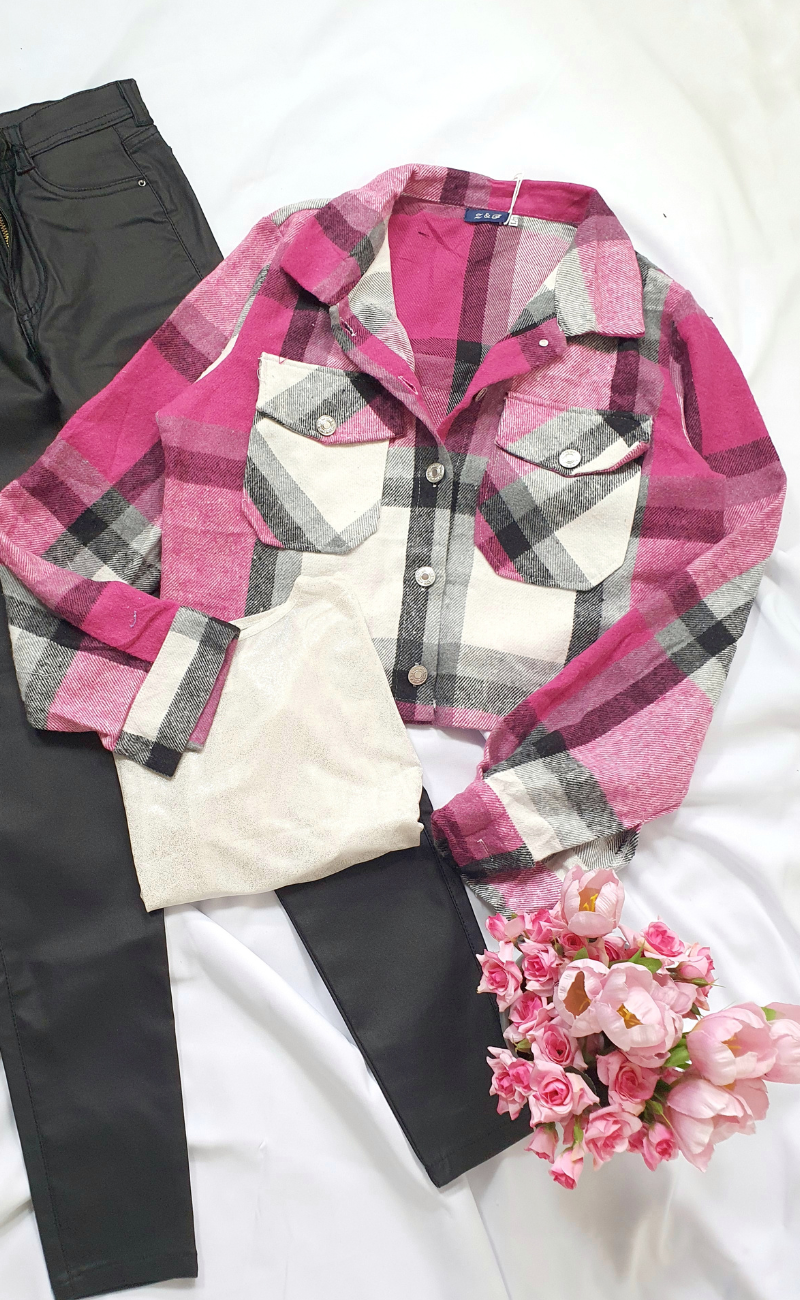 Camisa Leñadora Corta | Fucsia y Verde