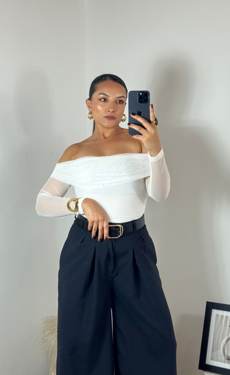 Blusa off shoulder en mesh licrado- Blanco Marfil