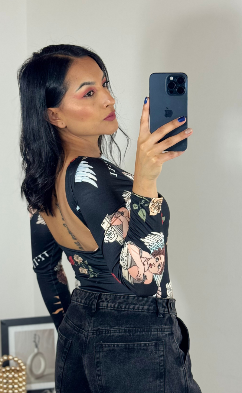Body con estampado de ángeles -Negro