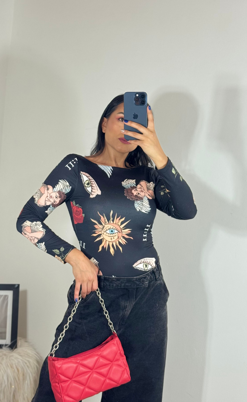 Body con estampado de ángeles -Negro
