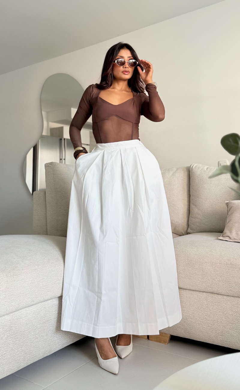 Falda larga en dril pretina resortada – Blanca