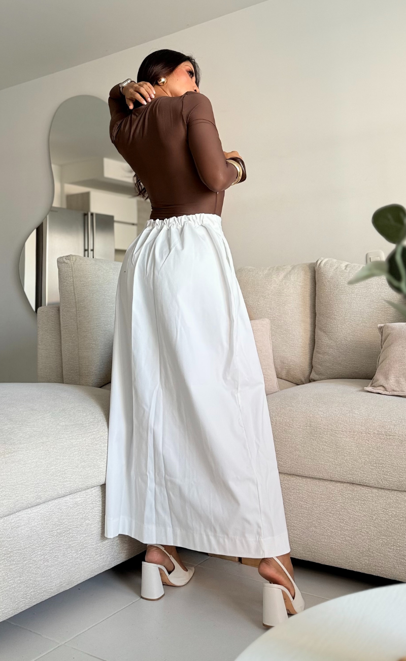 Falda larga en dril pretina resortada – Blanca