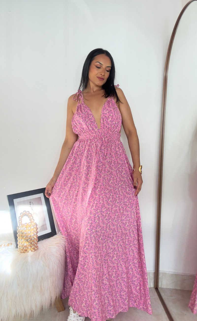 Maxi vestido floral en challis vaporoso – Rosado