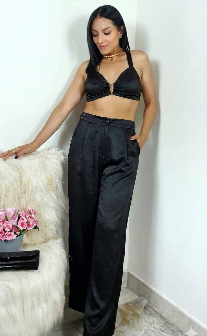 Set de pantalón recto y top ajustable en espalda | Negro
