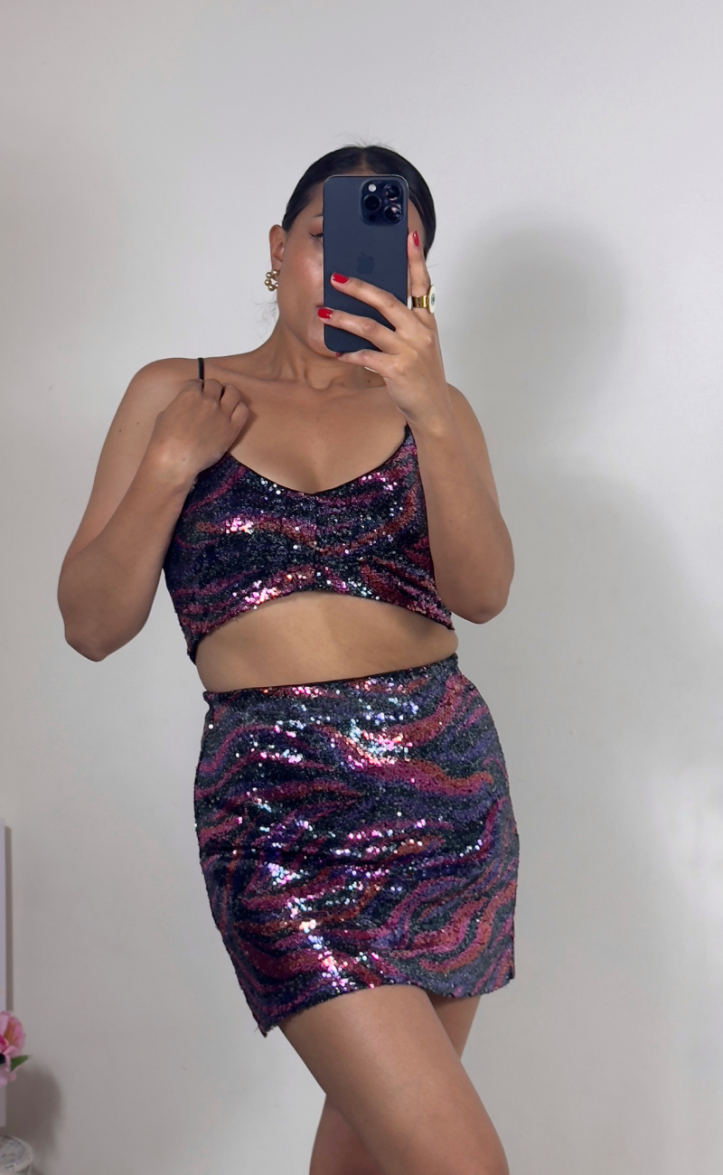 Set con lentejuelas de top y falda – brillo de día y de noche