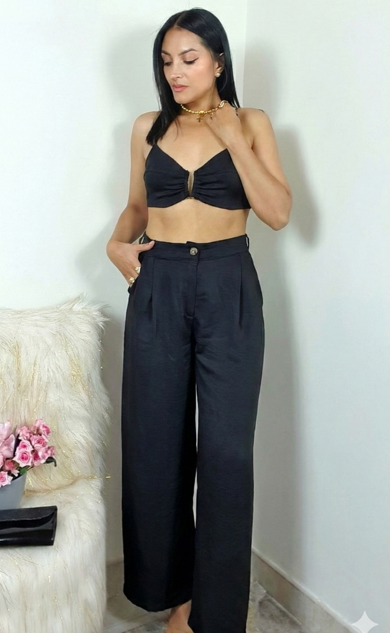 Set de pantalón recto y top ajustable en espalda | Negro